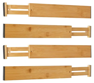 Image de Séparateurs de tiroirs en bambou naturel, réglables (43–56 cm), avec mécanisme à ressort, organiseurs de tiroirs pour la cuisine, la salle de bains, la chambre, la commode et le bureau, lot de 4