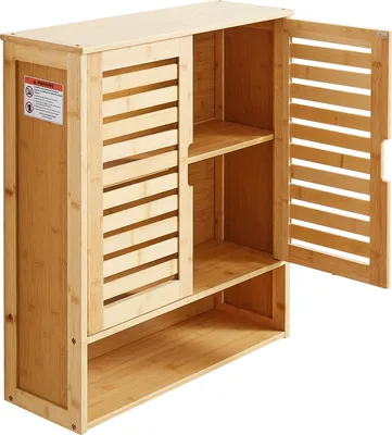 A wooden cabinet with slatted doors and open shelves.