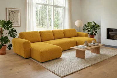Productafbeelding van Woonbank met slaapfunctie, model BRUSK, bekleed met stof in de kleur honinggeel