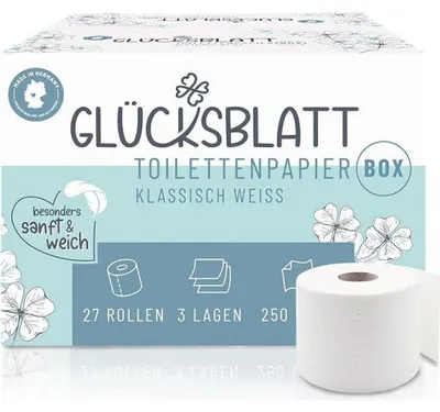 Produktbild von Fripa Glücksblatt Toilettenpapier Box, 3-lagig, 27 Rollen x 250 Blatt, 100% Zellstoff, Großpackung, superweiches Klopapier