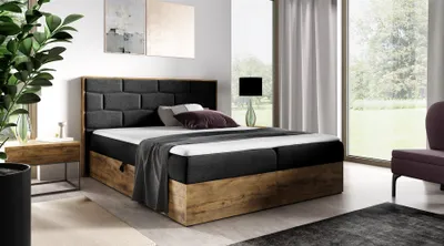 Produktbild von Boxspringbett Bett BEILA 180x220cm Lancelot Eiche Stoff Schwarz inkl. Bettkasten
