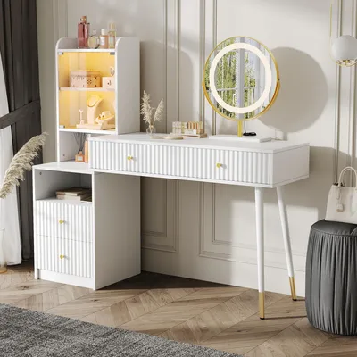 Zdjęcie produktu dla Toaletka Flieks z lustrem i szafką, komoda toaletowa Komoda toaletowa z szufladami i otwartymi schowkami, lustro z oświetleniem LED, biała