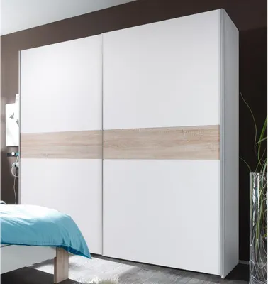 Produktbild von Schwebetürenschrank Kleiderschrank Schiebetürenschrank Schrank "Noni I" Weiß / Absetzung Sonoma-Eiche