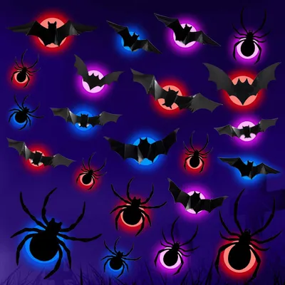 Productafbeelding van Halloween-stickers, 12 stuks, Halloween-decoratie, 3D-vleermuis, 10 spinnenstickers, LED-stickers, feestdecoratie, geschikt voor raam en muur (A)