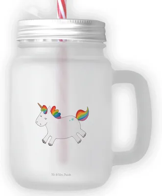 Produktbild von Mr. & Mrs. Panda Glas Einhorn Happy - Transparent - Geschenk, Fröhlich, Lachen, Lebensfreude, Mit Deckel Und Strohhalm, Mason Jar, Einhörner, Spaß, Unicorn, Trinkglas