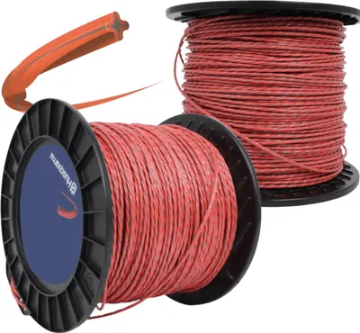 Two spools of red trimmer line and a section of orange trimmer line.