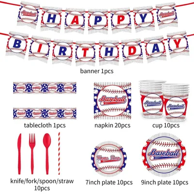 Image de INF Ensemble vaisselle fête baseball 92 pcs — kit jetable tout-en-un avec assiettes 7-inch et 9-inch, gobelets 9 oz, couverts et décorations