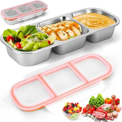 Produktbild von Snackbox 600ml,Bento Lunchbox Edelstahl mit 3 F?chern wiederverwendbar