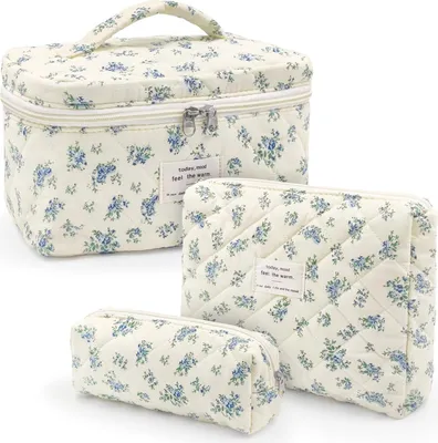 Produktbild von Set aus 3 Kosmetiktaschen, Kulturbeutel für Damen, mit Blumenmuster, Kulturbeutel, tragbare Kosmetiktasche, Kosmetiktasche, Waschbeutel, groß, für Frauen und Mädchen, m