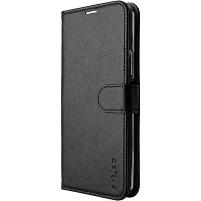 A black flip-style phone case with a magnetic closure.