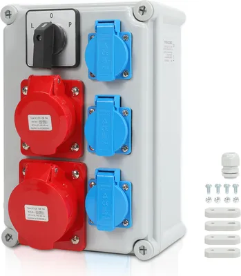 Produktbild von Clanmacy Wandverteiler mit L-0-P Nockenschalter und MCB,5 Polig Baustromverteiler mit 3xSchuko-Steckdose und CEE-Steckdose 16/32A Stromverteiler für Innen und Außen