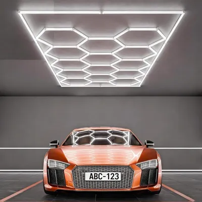 Image de Éclairage LED hexagonal - Plafonnier pour garage - 14 hexagones avec bordure - 220 V - Style industriel - Intelligent - Adapté aux ateliers
