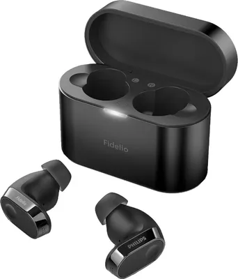 A pair of black wireless earbuds and their charging case are displayed against a white background.