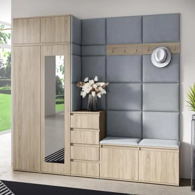 Produktbild von Garderoben-Set BERLIN – Kleiderschrank mit Polsterplatten, Schuhschrank und Schrankaufsatz, für Flur und Eingangsbereich (Sonoma Eiche, Trinity 14)