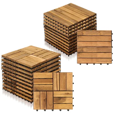 Produktbild von TolleTour 4m² Holzfliesen Terrassenfliese Bodenfliesen Set 44 Stück, mit Drainagensystem, 30x30cm pro Fliesen, aus Akazienholz (typ 1: 12 Latten)