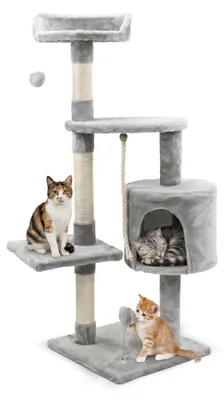 Productafbeelding van Krabpaal 112 cm, grijs, met speelplaats en kattenboom, voor katten