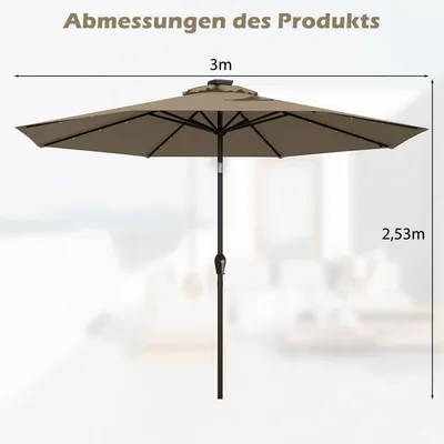 Zdjęcie produktu dla Oświetlenie LED Parasol wspornikowy okrągły parasol Zasilany energią słoneczną Korba do parasola ogrodowego w kolorze brązowym, średnica 3M