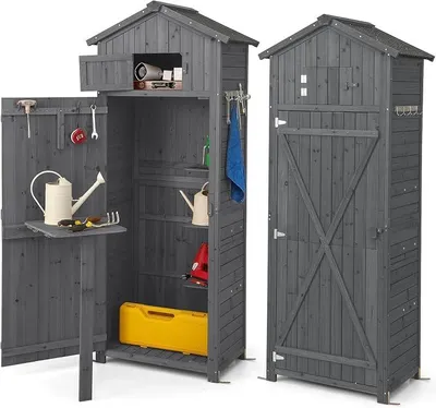 Imagen del producto de Caseta de madera, 75 x 50 x 180,5 cm, armario de jardín con tejado a dos aguas, armario para herramientas con 8 ganchos, 3 estantes, una mesa plegable y un compartimento superior, caseta de jardín resistente a la intemperie para uso en exteriores (gris)
