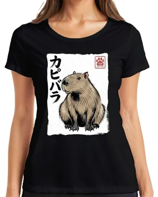 Obrázek produktu pro Tričko s motivem kapybary (kapybara, vodní prasátko), japonské umění, styl Y2K, Ukiyo-e, dámské, černé, velikost S