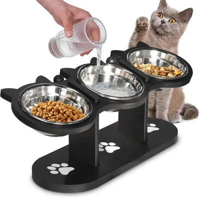 Produktbild von Katzennapf Erhöht Superdesign 15 Grad Neigung Hundenapf Erhöht Napf-Set, Höhenverstellbarer Futternapf-Ständer 3 Edelstahlschalen