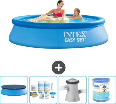 Produktbild von Intex runder aufblasbarer Easy Set-Pool – 244 x 61 cm – Blau – im Lieferumfang enthalten Abdeckung - Wartungspaket - Filterpumpe für Schwimmbad - Filter