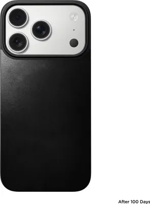 A black iPhone case with a silver camera module is shown against a white background.