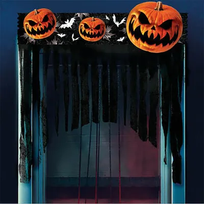 Productafbeelding van Halloween schedel gordijn, spookachtige schedel, Halloween decoratie, horrorfeest, decoratie voor een enge sfeer, geschikt voor een griezelige deurdecoratie, enge feestdecoratie, kleur: oranje