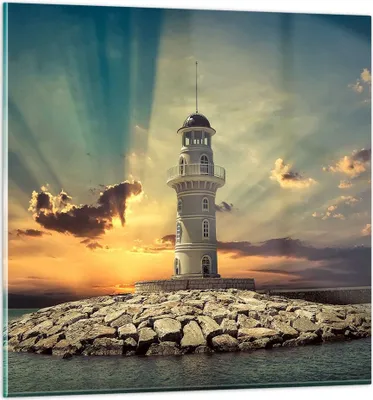 Produktbild von Bilder auf glas - Leuchtturm Wasser Meer Steine - 70x70cm - Glasbilder - Wandbilder - Kunstdruck - zum Aufhängen bereit - Wanddekoration aus Glas - Glas Bilder - Wandbild auf Glas - GAC70x70-2895