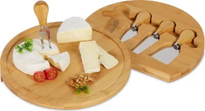 Immagine prodotto di Set Relaxdays composto da tagliere per formaggi e coltello da formaggio, HD 4 x 25 cm, tagliere girevole, set di 4 posate da formaggio, bambù e acciaio inossidabile, colore naturale