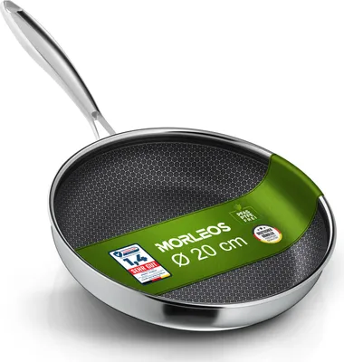 Produktbild von Morleos Bratpfanne 20cm 1,1 Liter Antihaft rund Silber Edelstahl | geeignet für Gas Induktion Elektro Herde | Single Pfanne Kratzfest Rostfrei Beschichtet Gastronomie Kochgeschirr