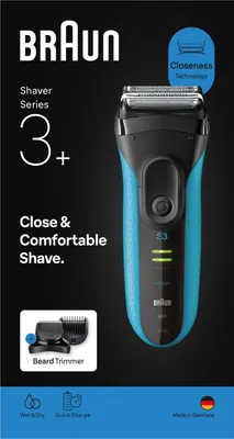 Product packaging with a shaver and its accessories.