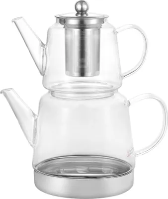 Produktbild von Schäfer Hochwertiges Teekannen-Set aus Glas mit Edelstahlfuß 600 ml / 1,5 Liter Perfekt für alle Herdarten