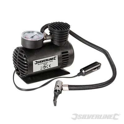 A black mini air compressor with a pressure gauge and a car cigarette lighter plug.