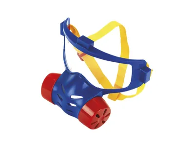 A toy firefighter mask with blue, red, and yellow components, isolated on a white background.