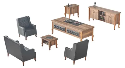 Produktbild von Komplett Büroeinrichtung Bürotisch Chefsessel Sideboard Holz Leder Sofas