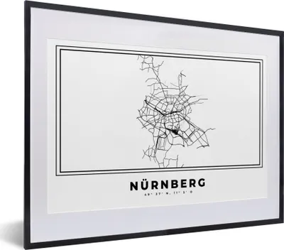 Produktbild von MuchoWow® Gerahmtes Poster Stadtplan - Schwarz-weiß - Karte - Nürnberg - Deutschland 40x30 cm - Poster mit Schwarzem Bilderrahmen Wandposter Rahmen Foto Bilder - Bilderrahmen - Poster im Rahmen