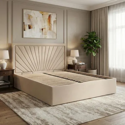 Produktbild von Polsterbett VASTO 160x200 mit Holzlattenrost, Doppelbett ohne Bettkasten, stabiles Bettgestell Beige Geflecht