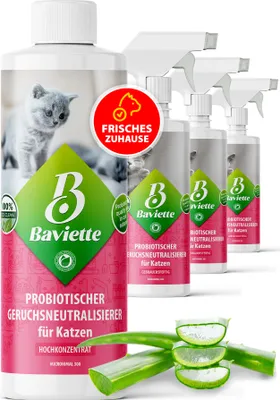 Produktbild von BAVIETTE Geruchsentferner Katze 500 ml Konzentrat – Geruchsneutralisierer mit Mikroorganismen für Katzenklo, Teppich, Möbel & Auto