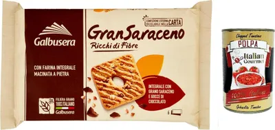 Produktbild von 3x Galbusera GranSaraceno, Kekse reich an Vollfaser mit Buchweizen und Schokoladenchips 260g + Italian gourmet polpa 400g