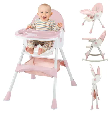 Image de Chaise haute 3 en 1 pour bébés et jeunes enfants - Chaise haute - Transformable en table d'apprentissage et en chaise - Ceinture de sécurité - Plateau amovible - Structure métallique - 1 à 2 ans - Rose
