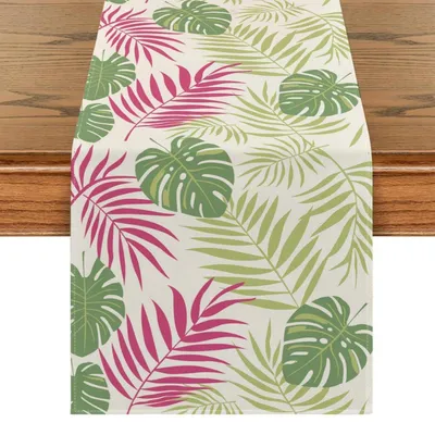 Productafbeelding van Tafelkleed, 140 x 40 cm, groen, bladmotief, weerbestendig, afwasbaar, linnenmix