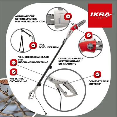 Productafbeelding van IKRA Elektrische telescoop snoeizaag met hoge reikwijdte IEAS 750 | 750 W | 20,3 cm OREGON zaagblad | Werkhoogte tot 4 meter | automatische ketting smering | inclusief reserveketting