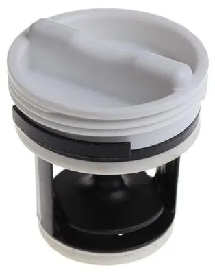 A close-up studio shot of a washing machine pump filter.
