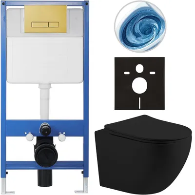 Obrázek produktu pro CERANO - Kompletní podomítkový WC set Lite/Cesso - černá matná - WC tlačítko Slim, zlatá - předstěnová instalace/sádrokarton - 49x36 cm