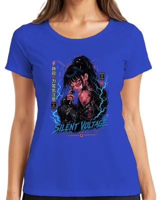 Zdjęcie produktu dla Koszulka damska "Silent Voltage" w stylu cyberpunk, z motywem anime, japońska, styl Y2K, manga, dla fanów anime, kolor niebieski, rozmiar XL