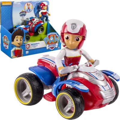 A Paw Patrol Ryder's Rescue ATV toy set, with the toy vehicle and figure prominently displayed, and the packaging in the background.