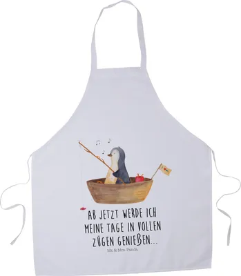 Produktbild von Mr. & Mrs. Panda Kochschürze Pinguin Angelboot - Weiß - Geschenk, Küchenzubehör, Trennung, Leben, Arbeitsschürze, Optimistisch, Backschürze, Schürze, Boot, Angeln