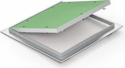 A maintenance inspection hatch is shown open, revealing its inner components. The hatch has a green panel on the lid and a silver panel on the base.