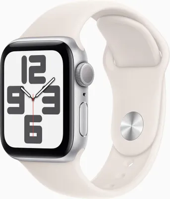 A close-up studio shot of an Apple Watch SE with a white band.