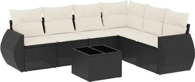 Productafbeelding van vidaXL 7-delige tuinmeubelset met kussens, zwart, polyrotan